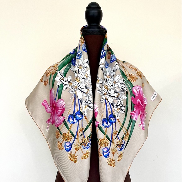 Display #1 Salvatore Ferragamo Silk Scarf Flowers Beige Wrap Scarf - Picture 3 of 15